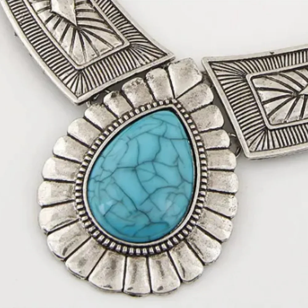 Antique Silver & Turquoise Western Southwestern Bohemian Statement Necklace NEW - Picture 3 of 8